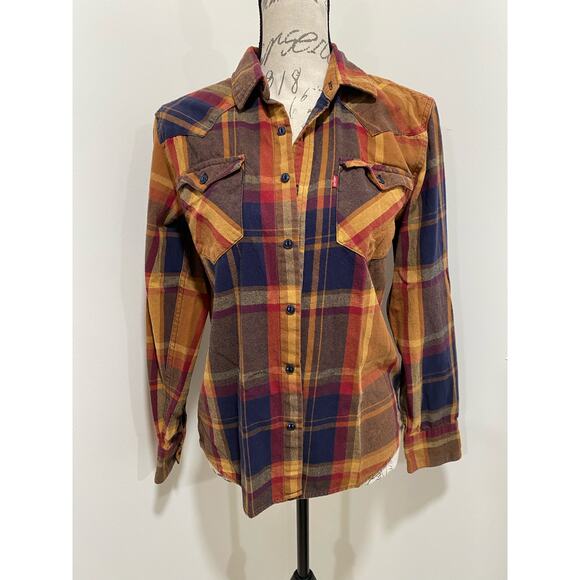 Levi's Tops - Levi’s Blue & Tan Flannel Plaid 100% Cotton Long Sleeve Fall Button Up Shirt